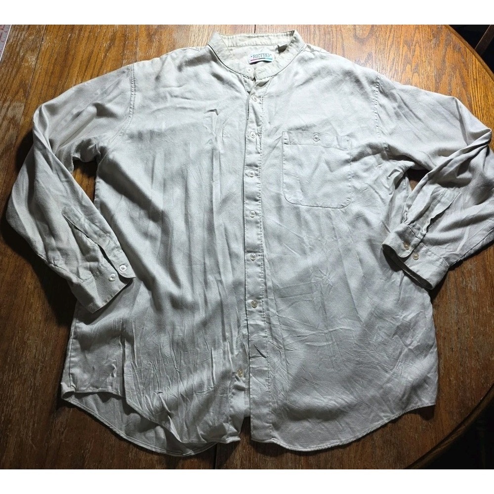 Vtg Retro Brand Shirt Men's‎ XL Band Collar Collarless Button Down Tan 80's 90's